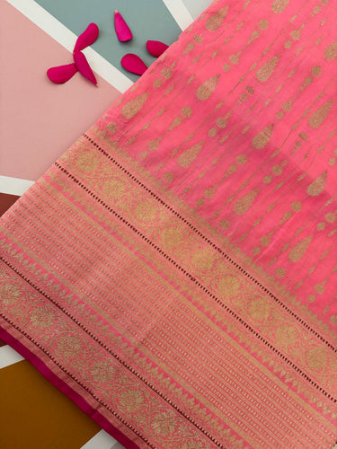 Banarasi Katan Pure Silk Saree | Bright Salmon Pink | Gold Zari | Handwoven | Silk Mark Certified | Ships from California